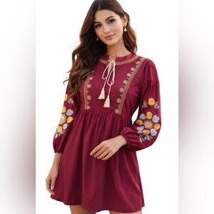 Boho Embroidered Burgundy Peasant Mini Dress Floral Sleeve Festival‎ Cottagecore